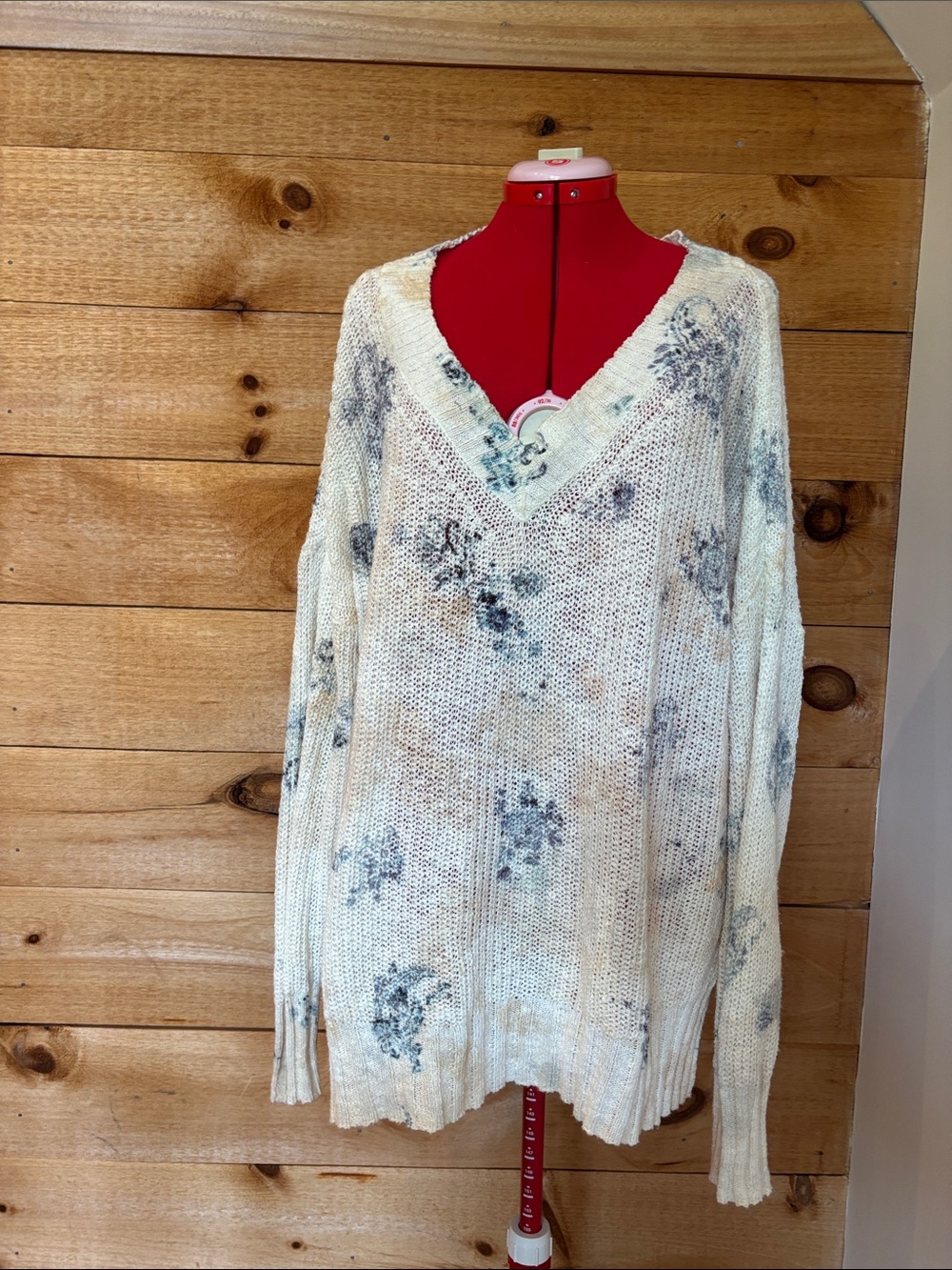 Anthropologie Cream V-Neck Sweater with Blue Floral Accents